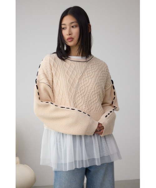 AZUL by moussy(アズールバイマウジー)の「ステッチデザインケーブルニット(ニット/セーター・レディース・アイボリー/ブラック/杢グレー/ダークブルー・SMALL/MEDIUM)」の6枚目の写真