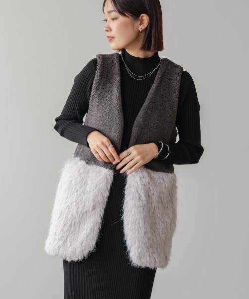 Bou Jeloud（ブージュルード）の「ボア×ファーニットベスト（ベスト・レディース・グレー/ベージュ・FREE）」の2枚目の写真