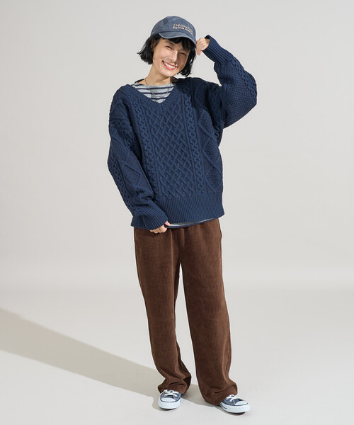 FREAK'S STORE（フリークスストア）の「ミックスケーブルVネックニット（ニット/セーター・レディース・オフホワイト/ブラウン/ネイビー・ﾌﾘ-）」の9枚目の写真