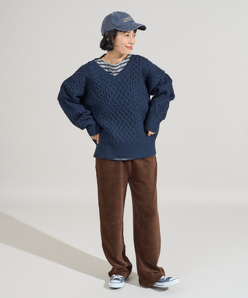 FREAK'S STORE（フリークスストア）の「ミックスケーブルVネックニット（ニット/セーター・レディース・オフホワイト/ブラウン/ネイビー・ﾌﾘ-）」の10枚目の写真