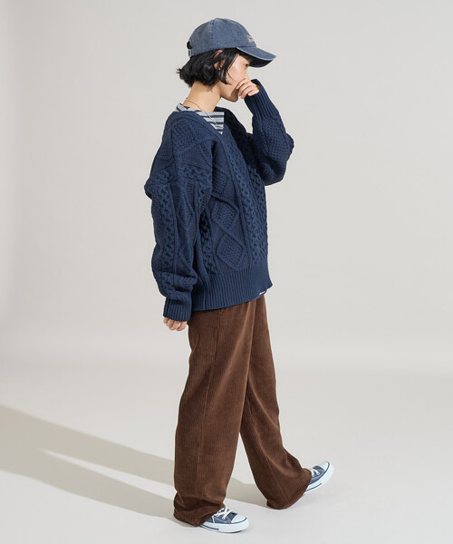 FREAK'S STORE（フリークスストア）の「ミックスケーブルVネックニット（ニット/セーター・レディース・オフホワイト/ブラウン/ネイビー・ﾌﾘ-）」の11枚目の写真