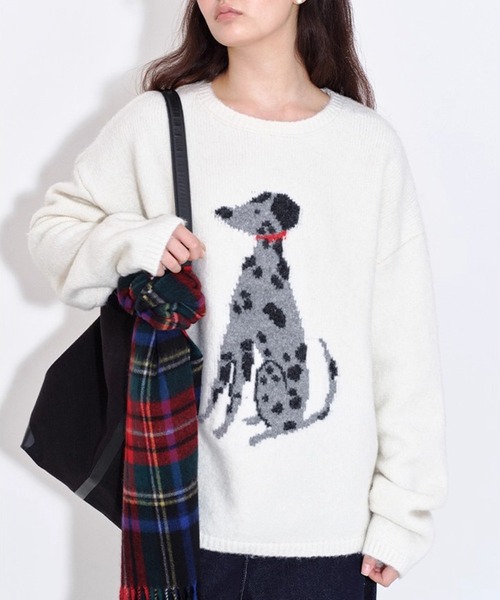 ラウンドネック ドッグプリント ウールニットトップス FQ25S267