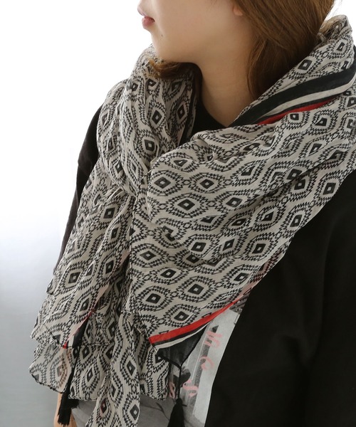 フリンジ/タッセル付き インド綿大判ストール（ストール/ショール