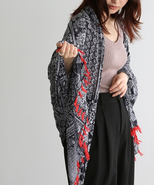 フリンジ/タッセル付き インド綿大判ストール（ストール/ショール