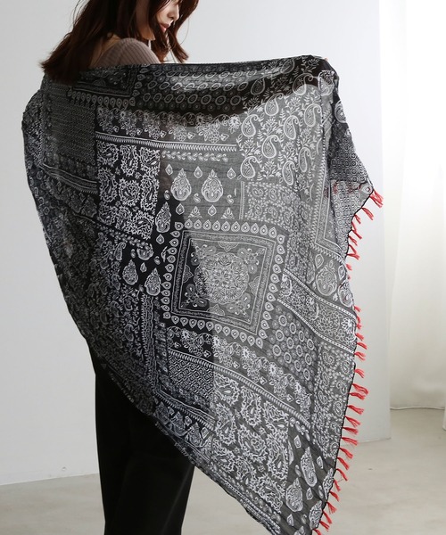 フリンジ/タッセル付き インド綿大判ストール（ストール/ショール