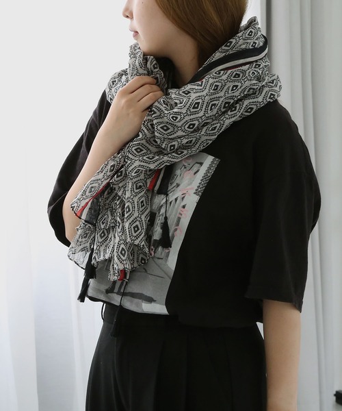 フリンジ/タッセル付き インド綿大判ストール（ストール/ショール