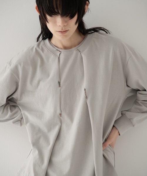 RYU（リュー）の「vintage-style open-front top（Tシャツ/カットソー・メンズ・グレイッシュベージュ/チャコール・2/4）」の11枚目の写真