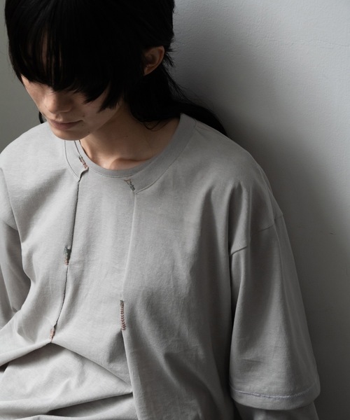 RYU（リュー）の「vintage-style open-front top（Tシャツ/カットソー・メンズ・グレイッシュベージュ/チャコール・2/4）」の4枚目の写真
