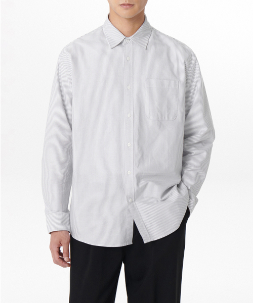ストライプリラックスフィットオックスフォードシャツ[グレー
