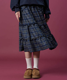 ドトムチェックレースミディフレアロングスカート[Navy_blue]秋冬ver.