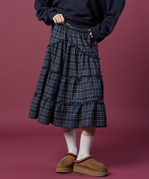KOLEAT（コレット）の「ドトムチェックレースミディフレアロングスカート[Navy_blue]秋冬ver.（スカート・レディース・その他・FREE）」の3枚目の写真