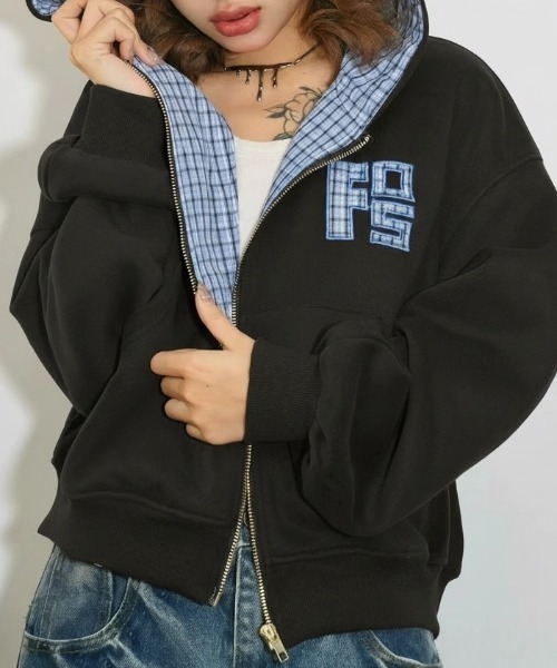 yuue' ( wear )(ユーイ)の「チェック切り替えジップパーカー(パーカー・レディース・グレー/アイボリー/ネイビー/ブラック・FREE)」の2枚目の写真