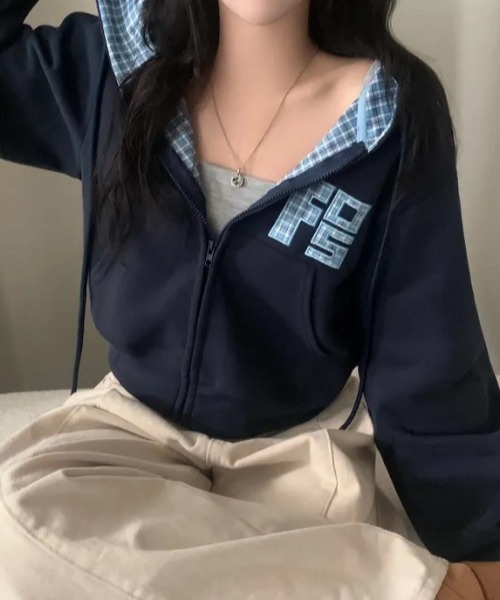 yuue' ( wear )(ユーイ)の「チェック切り替えジップパーカー(パーカー・レディース・グレー/アイボリー/ネイビー/ブラック・FREE)」の12枚目の写真