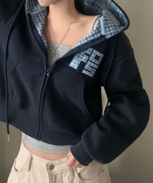 yuue' ( wear )(ユーイ)の「チェック切り替えジップパーカー(パーカー・レディース・グレー/アイボリー/ネイビー/ブラック・FREE)」の10枚目の写真