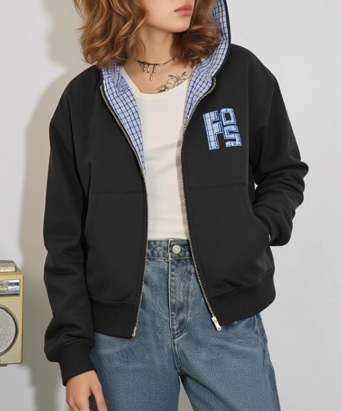 yuue' ( wear )(ユーイ)の「チェック切り替えジップパーカー(パーカー・レディース・グレー/アイボリー/ネイビー/ブラック・FREE)」の8枚目の写真