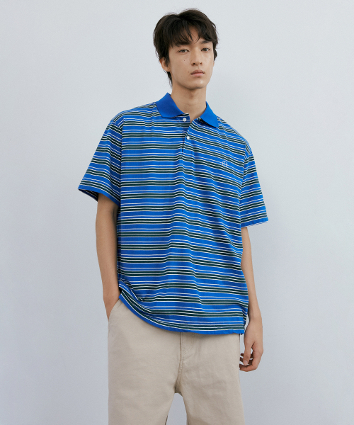 Washed stripe polo 1/2 shirt (blue stripe) — пранная полосатая поло-рубашка (синий)
