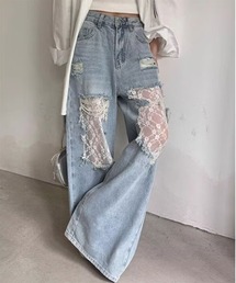 VIBGYOR Women | 【Mayree】レース ダメージ クラッシュ デニム バギーパンツ(デニムパンツ)
