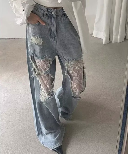 VIBGYOR Women（ヴィブジョー　ウィメン）の「【Mayree】レース ダメージ クラッシュ デニム バギーパンツ（デニムパンツ・レディース・ブルー・SMALL）」の5枚目の写真