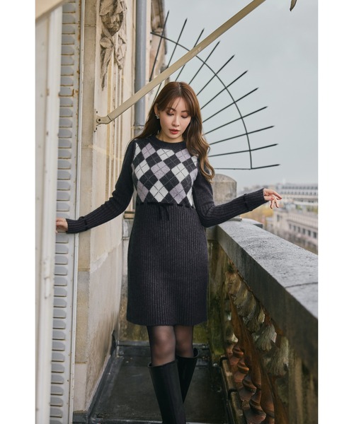 ワンピース Herlipto Moor Argyle Ribbon Knit Dress Moor Argyle Ribbon Knit Dress（ワンピース）｜Her lip to（ハー