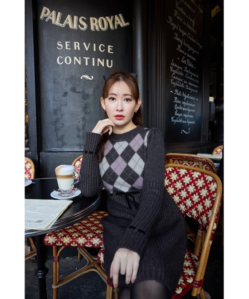 ワンピース Herlipto Moor Argyle Ribbon Knit Dress Moor Argyle Ribbon Knit Dress（ワンピース）｜Her lip to（ハー