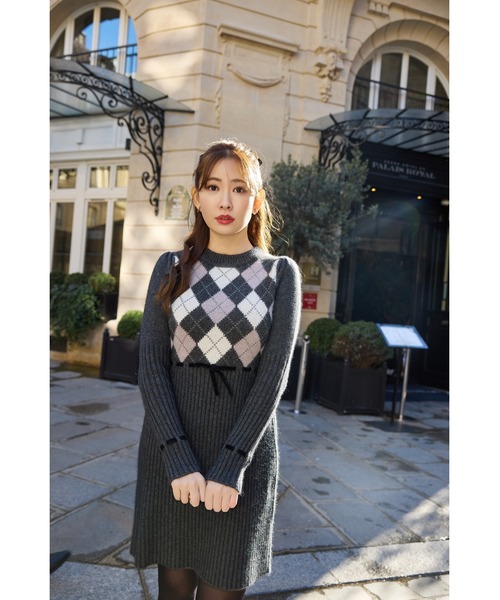 Moor Argyle Ribbon Knit Dress（ワンピース）｜Her lip to（ハー