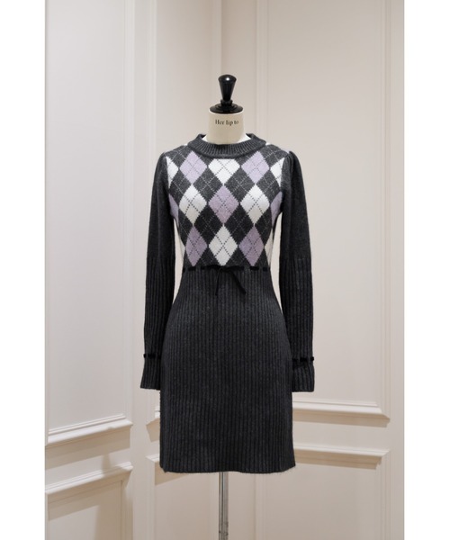 ワンピース Moor Argyle Ribbon Knit Dress Moor Argyle Ribbon Knit Dress（ワンピース）｜Her lip to（ハー