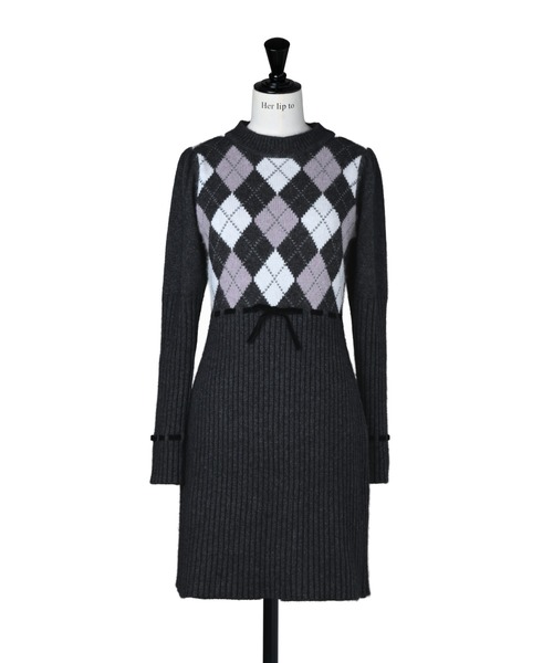 Moor Argyle Ribbon Knit Dress（ワンピース）｜Her lip to（ハー