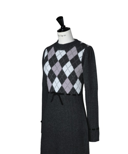Moor Argyle Ribbon Knit Dress（ワンピース）｜Her lip to（ハー