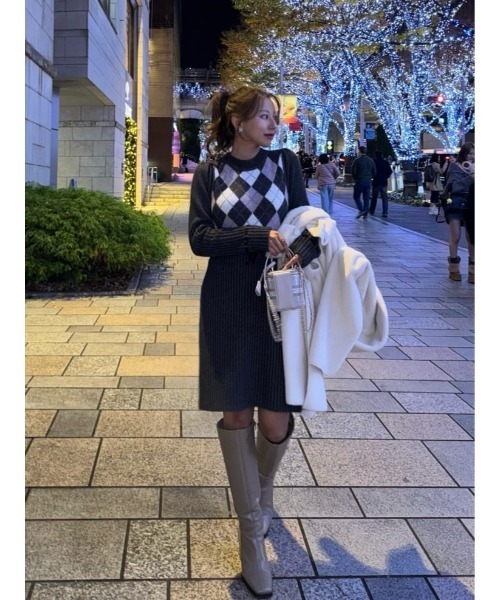 Moor Argyle Ribbon Knit Dress（ワンピース）｜Her lip to（ハー