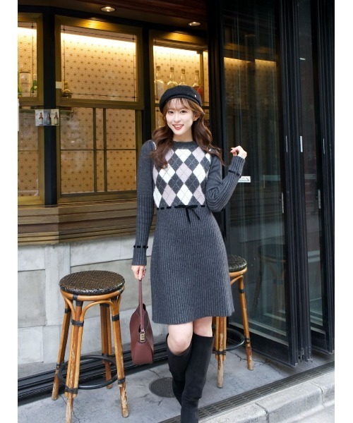 ワンピース Herlipto Moor Argyle Ribbon Knit Dress Moor Argyle Ribbon Knit Dress（ワンピース）｜Her lip to（ハー