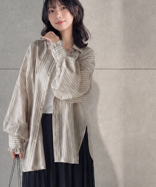 classicalelf(クラシカルエルフ)の「《9月中旬再入荷!予約受付中》紫外線や冷房対策にも♪羽織るだけでサマになる。タックシアー長袖ストライプシャツ(シャツ/ブラウス・レディース・ベージュ/ブラウン/ブルー/アイボリー/グレイッシュベージュ・SMALL/MEDIUM/LARGE/X-LARGE)」の15枚目の写真