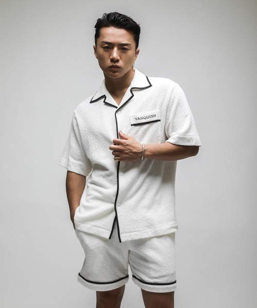 VANQUISH(ヴァンキッシュ)の「VANQUISH / ヴァンキッシュ パイル オープンカラーシャツ(シャツ/ブラウス・メンズ・ブラック/ホワイト・L/M)」の1枚目の写真