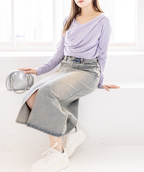 CLEAR BASIC（クリアベーシック）の「ドレープカットソー[カジュアル 着回し抜群 大人]≪新作≫（Tシャツ/カットソー・レディース・ピンク/グレー/グレイッシュベージュ/サックスブルー/ブラック/オフホワイト/ラベンダー・F）」の8枚目の写真