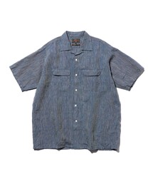 Open Collar Indigo Linen Stripe