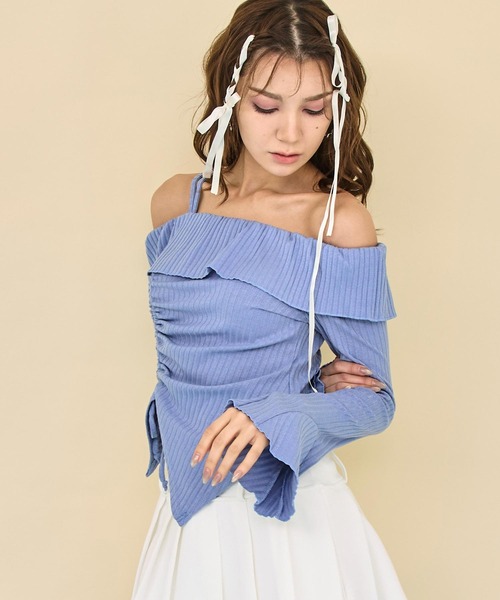 ANAP（アナップ）の「フレアスリーブ ギャザーデザイン オフショルダー リブ トップス（Tシャツ/カットソー・レディース・ブラック/ホワイト/ブルー・F）」の12枚目の写真