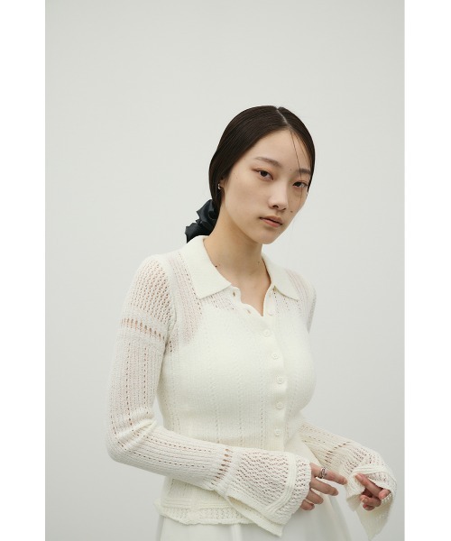 STYLEMIXER（スタイルミキサー）の「アイレットレースニットポロ（ニット/セーター・レディース・ブラック/ホワイト/グリーン・FREE）」の4枚目の写真