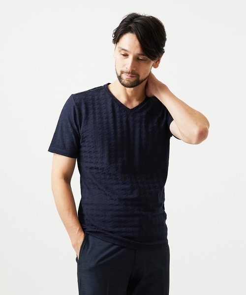 MICHEL KLEIN HOMME (ミッシェルクランオム)の「《日本製》千鳥リンクスVネック半袖カットソー(Tシャツ/カットソー・メンズ・ホワイト/ネイビー/ダークグレー・MEDIUM/LARGE/X-LARGE)」の3枚目の写真