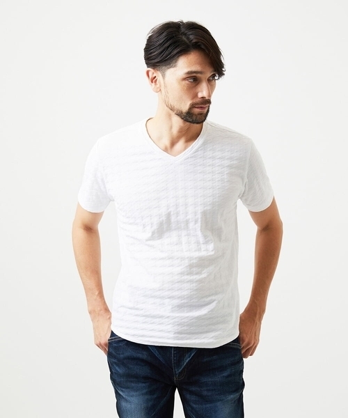 MICHEL KLEIN HOMME (ミッシェルクランオム)の「《日本製》千鳥リンクスVネック半袖カットソー(Tシャツ/カットソー・メンズ・ホワイト/ネイビー/ダークグレー・MEDIUM/LARGE/X-LARGE)」の1枚目の写真