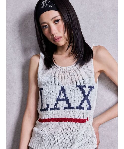 GYDA（ジェイダ）の「LAXテープヤーンニットタンクトップ（タンクトップ・レディース・パープル/オフホワイト・FREE）」の3枚目の写真