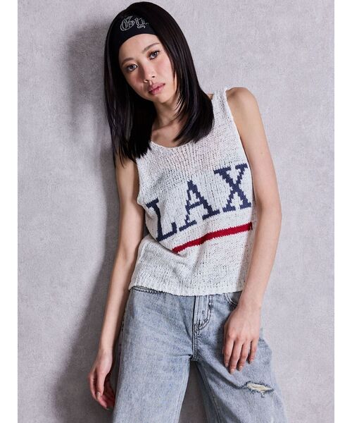 GYDA（ジェイダ）の「LAXテープヤーンニットタンクトップ（タンクトップ・レディース・パープル/オフホワイト・FREE）」の4枚目の写真