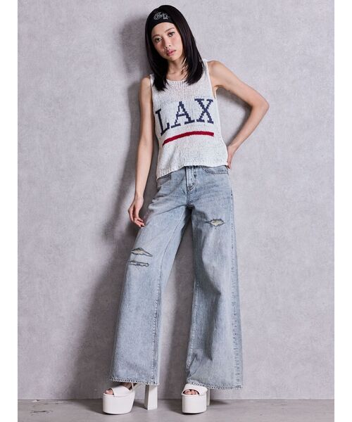 GYDA（ジェイダ）の「LAXテープヤーンニットタンクトップ（タンクトップ・レディース・パープル/オフホワイト・FREE）」の6枚目の写真