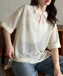 【Eclat one】キーネック スキッパー メッシュ トップス ◎