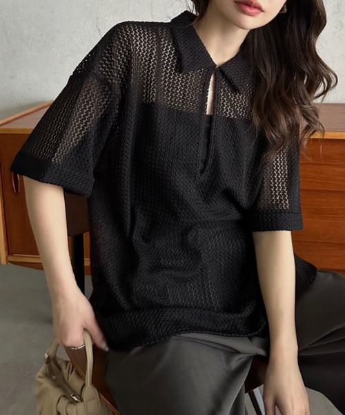 Eclat one（エクラワン）の「【Eclat one】キーネック スキッパー メッシュ トップス ◎（シャツ/ブラウス・レディース・ブラック/アイボリー/モカ・M）」の2枚目の写真
