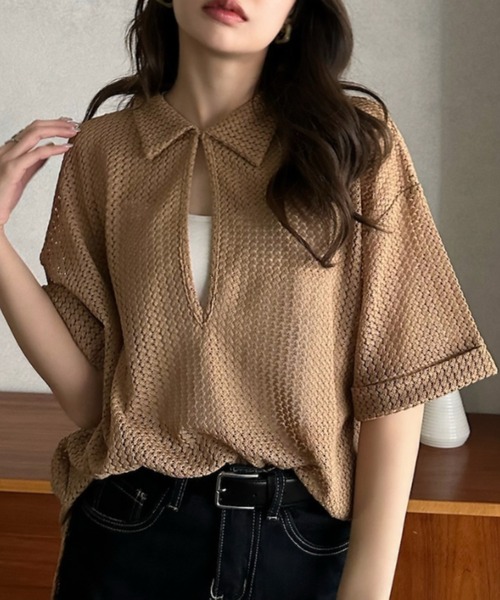 Eclat one（エクラワン）の「【Eclat one】キーネック スキッパー メッシュ トップス ◎（シャツ/ブラウス・レディース・ブラック/アイボリー/モカ・M）」の3枚目の写真