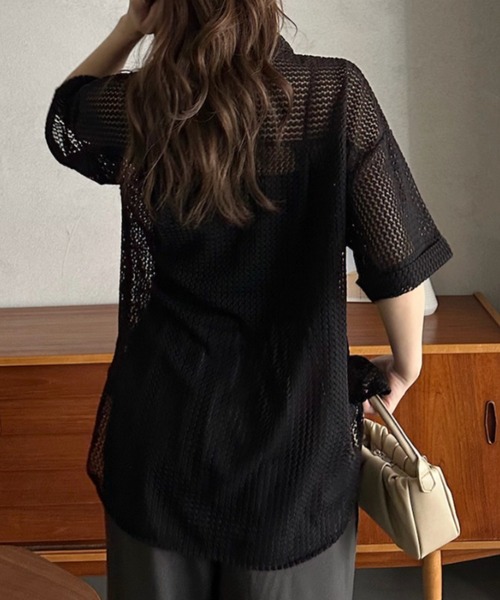 Eclat one（エクラワン）の「【Eclat one】キーネック スキッパー メッシュ トップス ◎（シャツ/ブラウス・レディース・ブラック/アイボリー/モカ・M）」の11枚目の写真