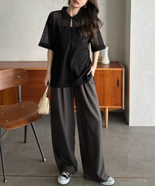 Eclat one（エクラワン）の「【Eclat one】キーネック スキッパー メッシュ トップス ◎（シャツ/ブラウス・レディース・ブラック/アイボリー/モカ・M）」の15枚目の写真