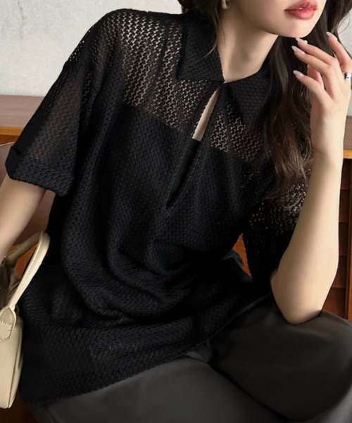 Eclat one（エクラワン）の「【Eclat one】キーネック スキッパー メッシュ トップス ◎（シャツ/ブラウス・レディース・ブラック/アイボリー/モカ・M）」の12枚目の写真