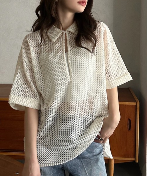 Eclat one（エクラワン）の「【Eclat one】キーネック スキッパー メッシュ トップス ◎（シャツ/ブラウス・レディース・ブラック/アイボリー/モカ・M）」の4枚目の写真