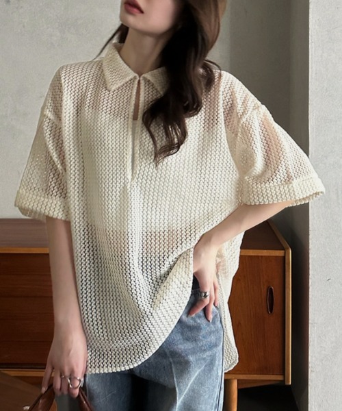 Eclat one（エクラワン）の「【Eclat one】キーネック スキッパー メッシュ トップス ◎（シャツ/ブラウス・レディース・ブラック/アイボリー/モカ・M）」の7枚目の写真