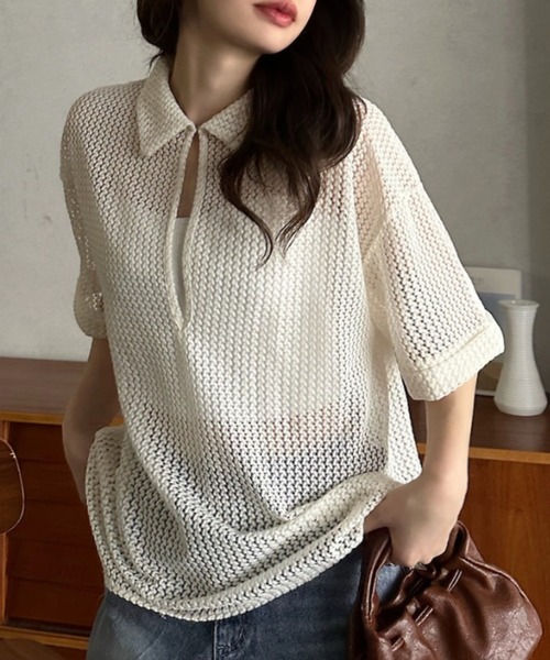 Eclat one（エクラワン）の「【Eclat one】キーネック スキッパー メッシュ トップス ◎（シャツ/ブラウス・レディース・ブラック/アイボリー/モカ・M）」の5枚目の写真